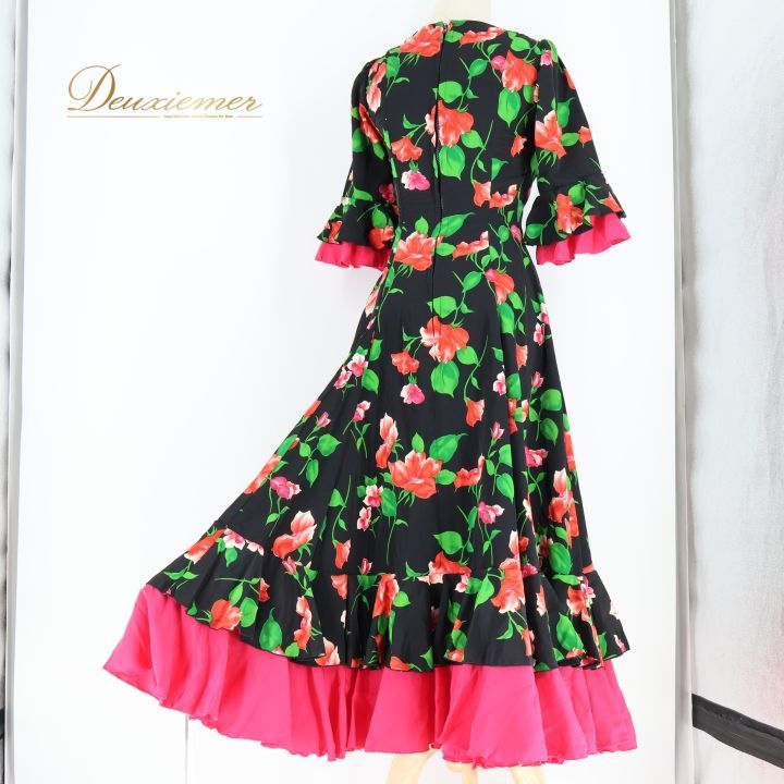 フラメンコ 衣装 ワンピース ドレス 花柄 ボランテ フリル ピンク