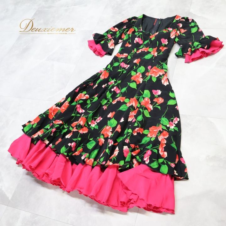 フラメンコ 衣装 ワンピース ドレス 花柄 ボランテ フリル ピンク