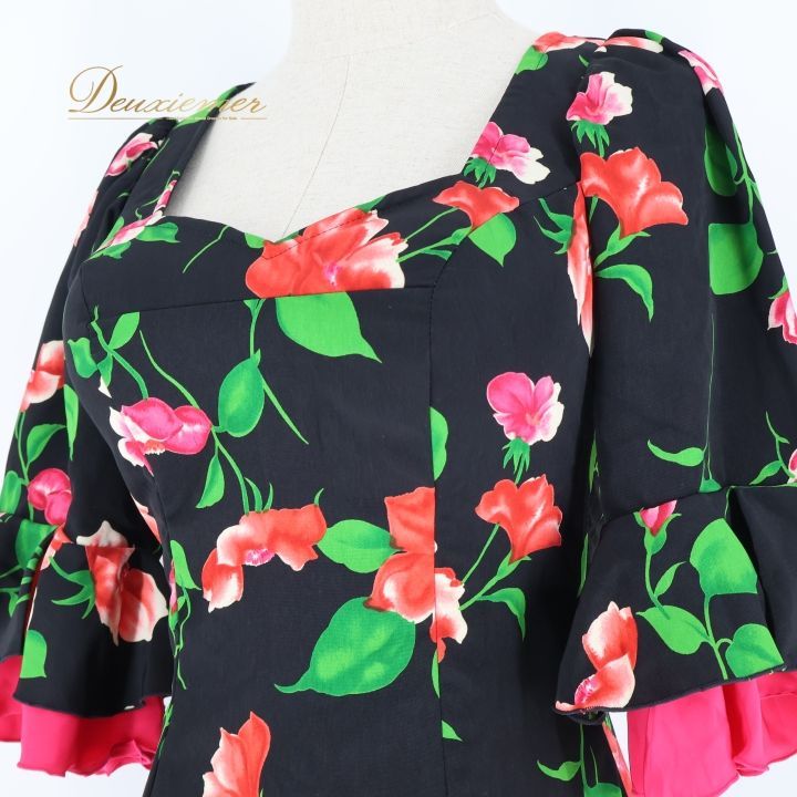 フラメンコ 衣装 ワンピース ドレス 花柄 ボランテ フリル ピンク