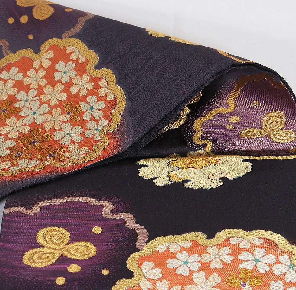 袋帯 正絹 紫 立涌 雪輪文 竹屋町刺 桜 花菱文 三ツ輪 Mサイズ F8519