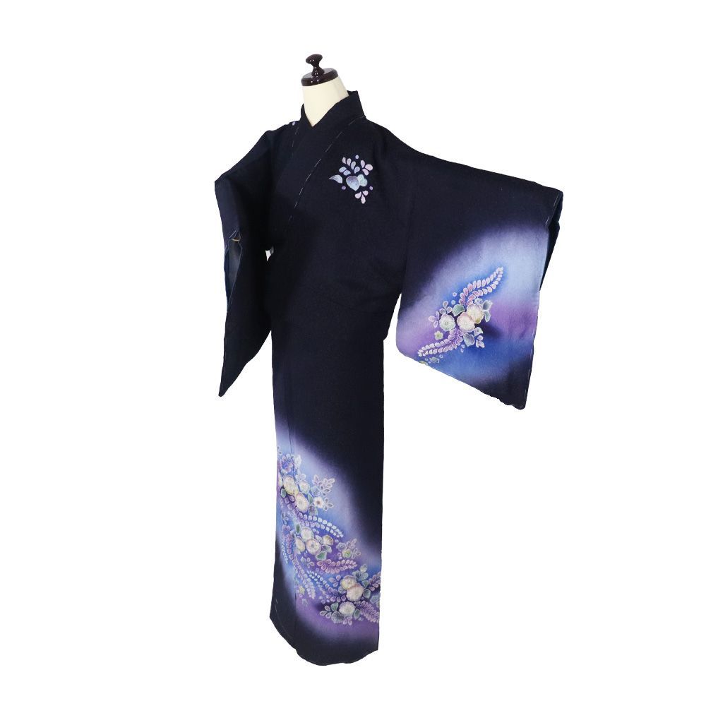 辻が花訪問着 袷 正絹 濃紺 紫 銀糸通し 絞り 辻が花 20号 LLサイズ ki 31610 レディース シルク ギフト フォーマル