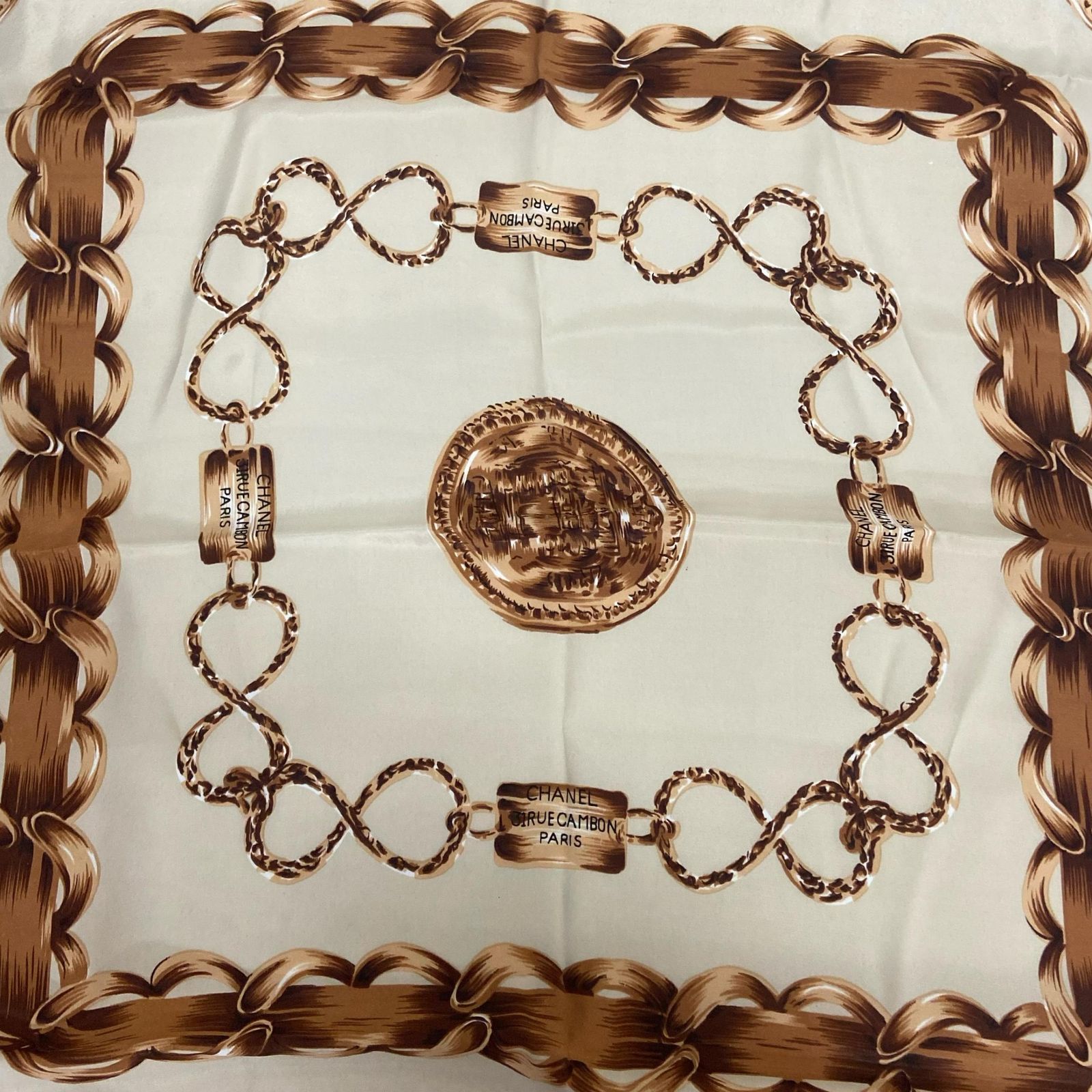  CHANEL シャネル スカーフ ハンカチーフ ゴールドチェーン レディース ベージュ バンダナ スカーフ 小物