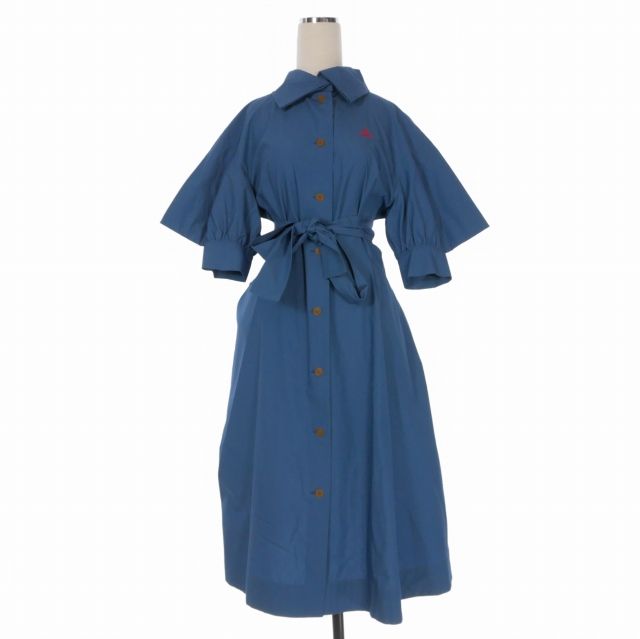 ヴィヴィアンウエストウッドレッドレーベル Vivienne Westwood RED LABEL シャツワンピース ドレス ベルト付き ロゴ刺繍 半袖 00 ブルー 青 17-12-551008 正規
