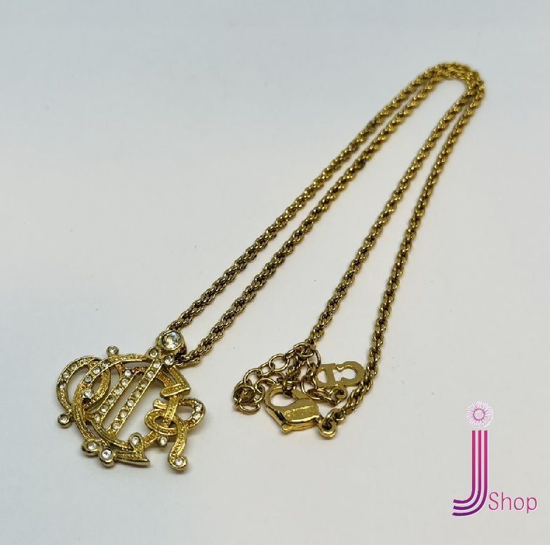 Christian Dior ディオール エンブレム ロゴ ネックレス ゴールド GP ラインストーン