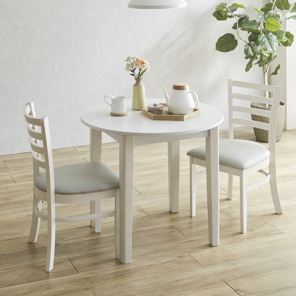 ♪2人掛 天然木 ダイニング3点セット ホワイト 丸テーブル 幅80 cm チェア2脚 ダイニング テーブル チェア 1人暮らし 2人暮らし DINKS