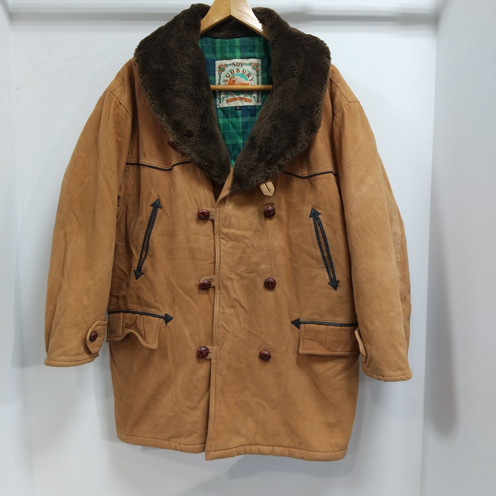 ks 82◆ファー襟付き コットンジャケット メンズ 2号 2 L相当 裏地緑チェック柄 綿 クルミボタン