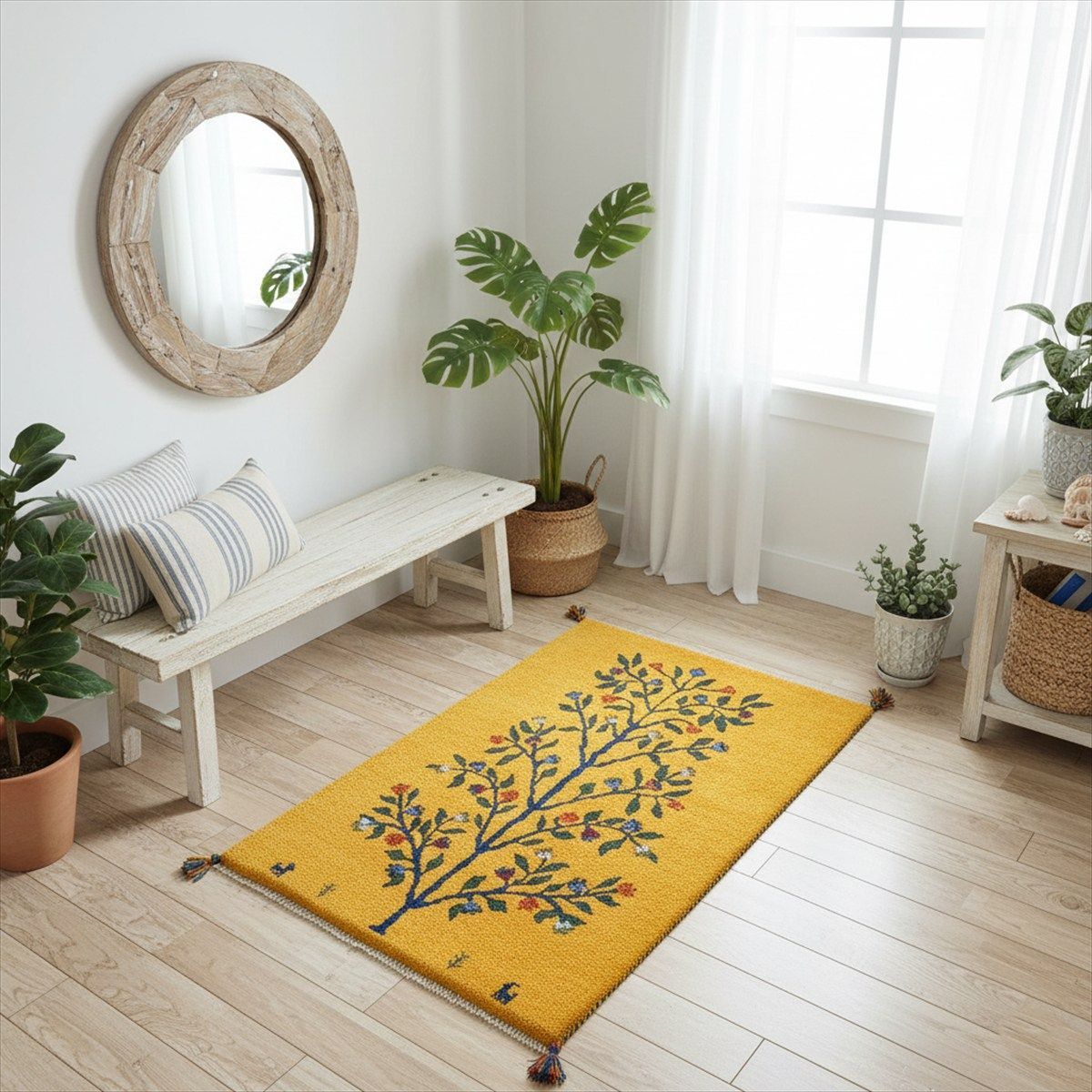 ペルシャ ギャッベ マット大 ラグ 117 x 80 cm 黄金色 生命の木 ヤギ 羊 RJ 15703