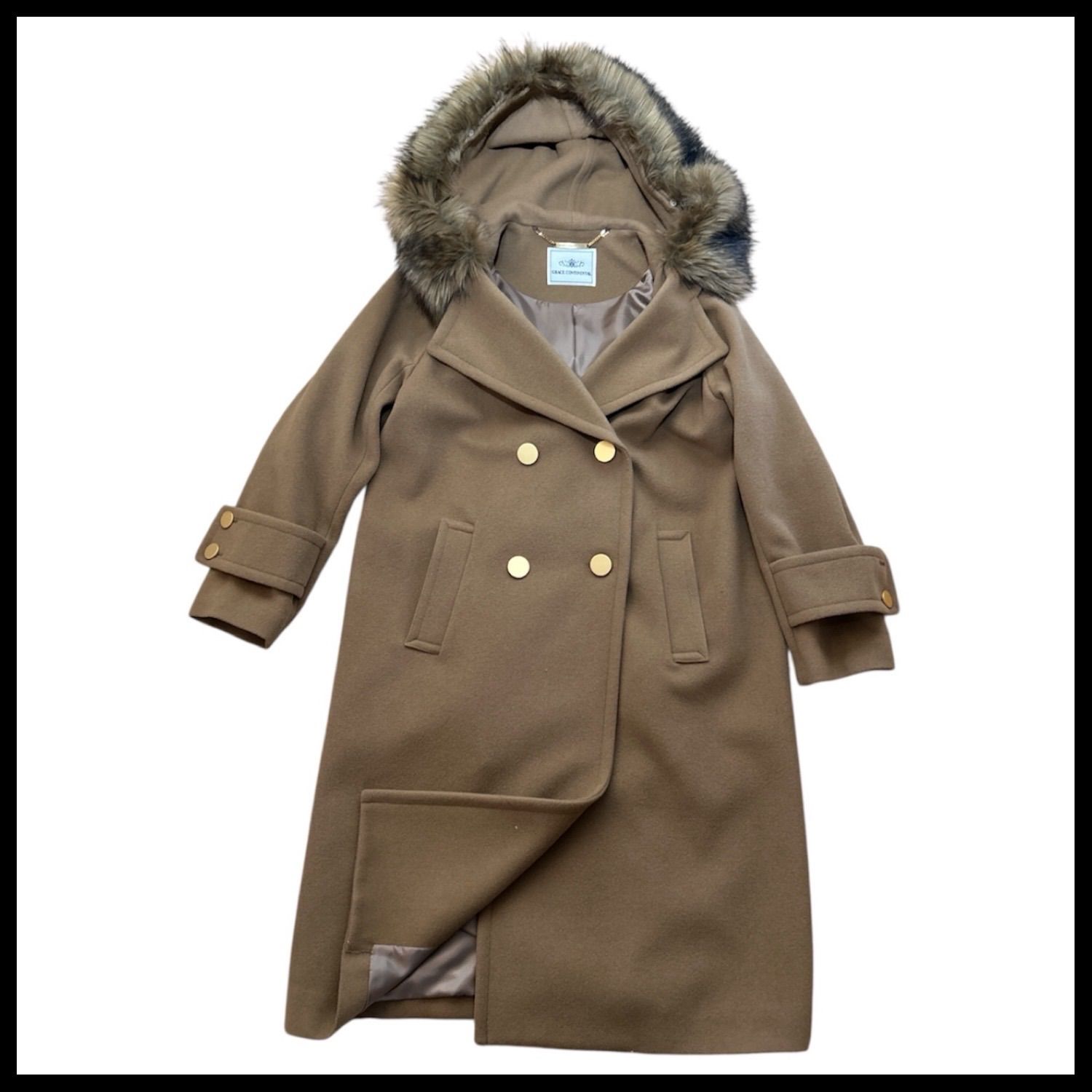 ボタン 有り ダイアグラム Diagram グレースコンチネンタル フードファー付ウールコート アウター ロングコート ダブル 金ボタン 総裏地 キャメル