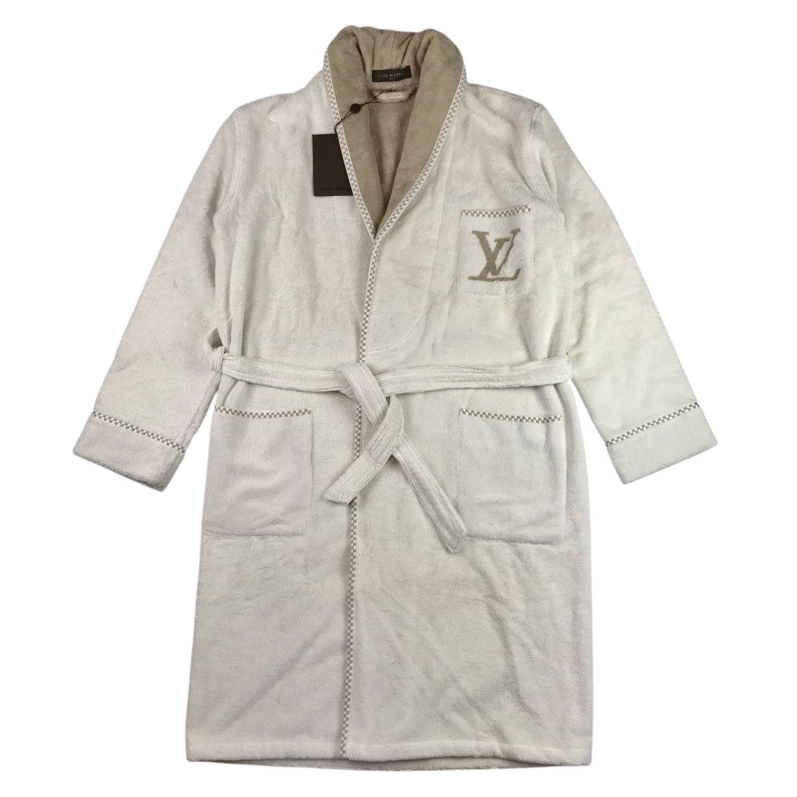 ♥ LOUIS VUITTON ルイヴィトン メンズ ビックLVデザイン ダミエ柄織りリブライン パイル地 バスローブ ガウン S|オーバーサイズ仕立て ブランド 冬物 カジュアル ルームウェア