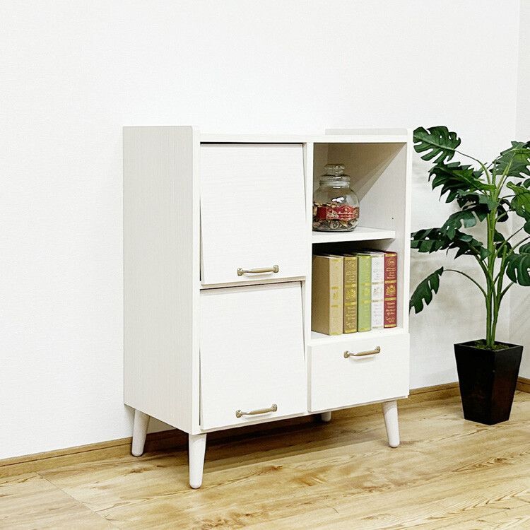 ♪フラップ付き オープンキャビネット ホワイト 幅72 cm 北欧 リビング収納 収納家具 チェスト 日本製 脚付き