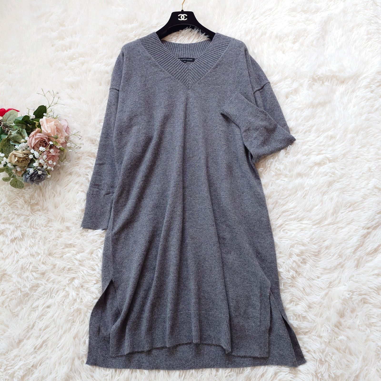 23区 洗える ウール カシミヤ ニット ロング 長袖 ワンピース Vネック