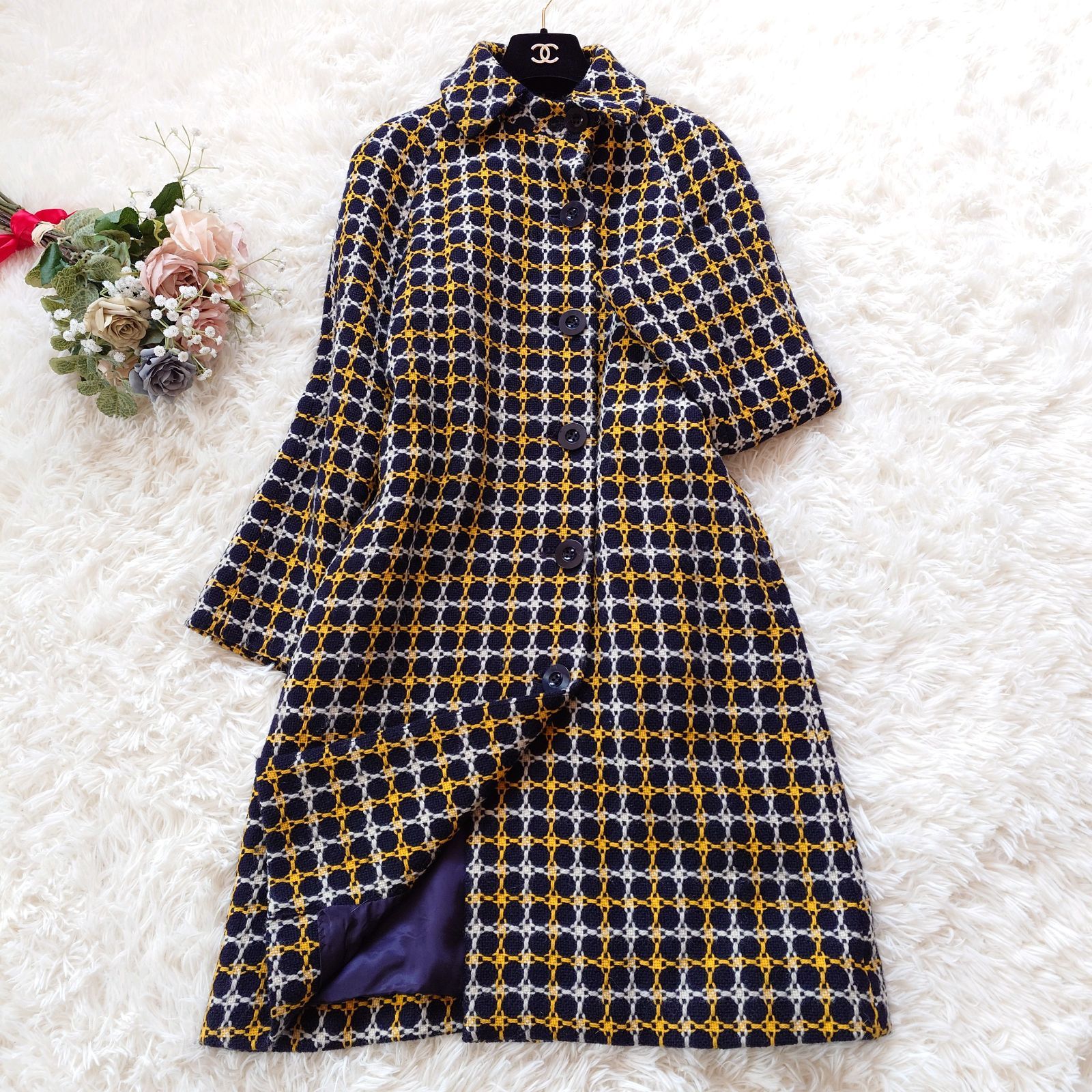 サリースコット Sally Scott ツイード ロングコート マルチカラー ウール 9 M ミナペルホネン 北欧 ナチュラル 幾何学模様