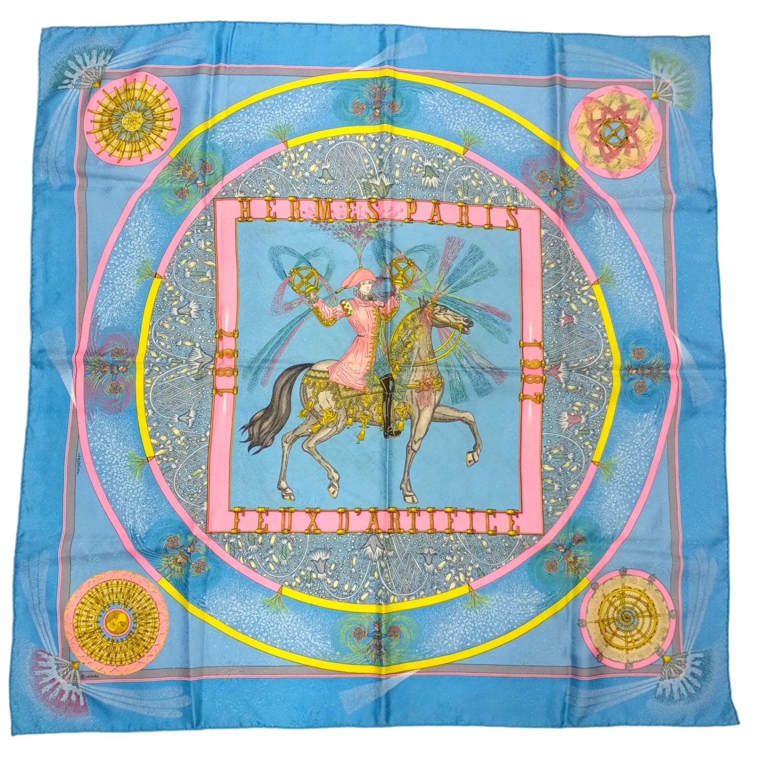 HERMES エルメス FEUX D'ARTIFICE 技巧の火 シルク スカーフ ブルー