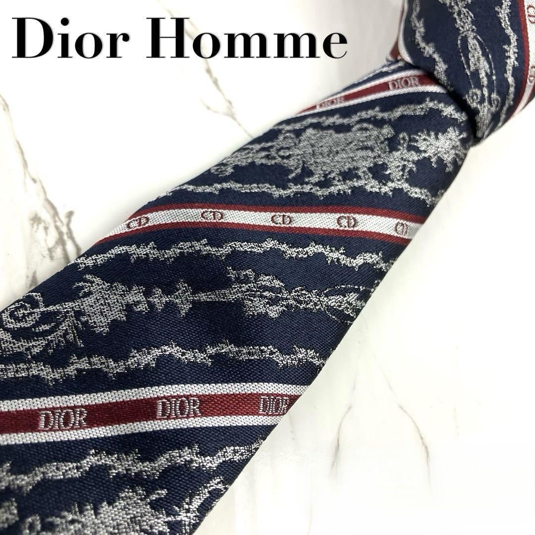 美品 ディオールオム ネクタイ シルク ジャカード 刺繍 トロッター ロゴ 未使用に近い Dior Homme ディオールオム ネクタイ トワルドゥジュイ