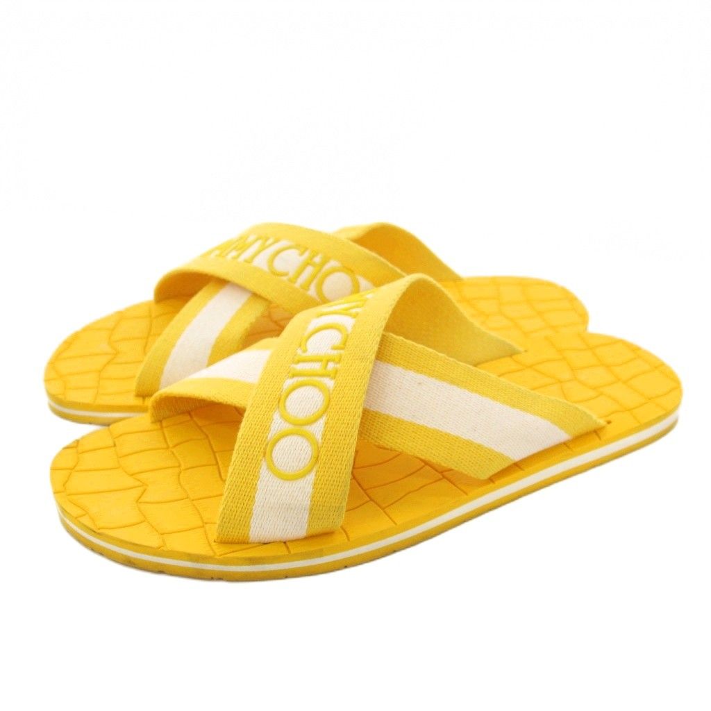 ジミーチュウ JIMMY CHOO エンボス加工 クロスストラップ サンダル スリッパ ロゴ 27.5 cm 黄色 |KH