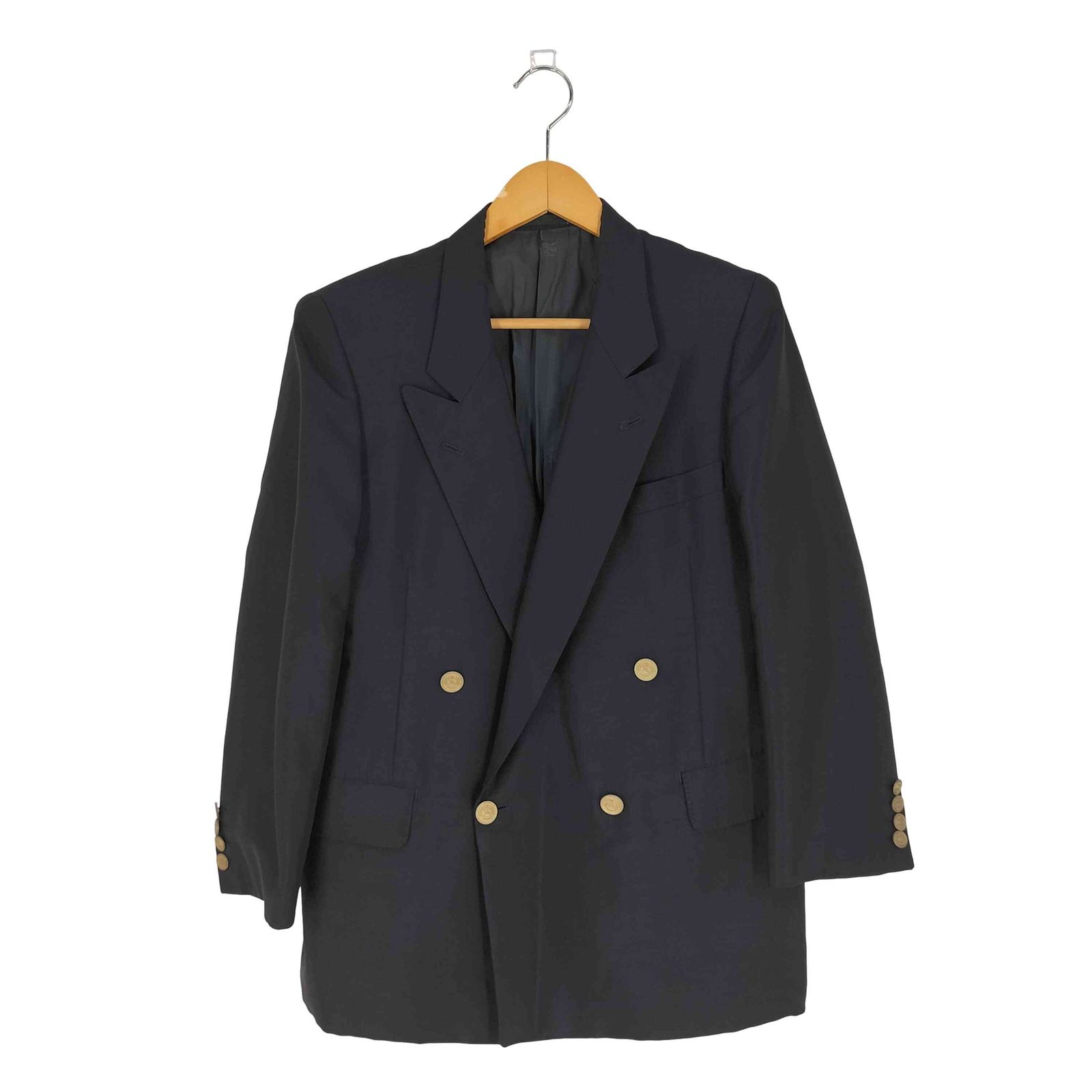 バーバリーズ BURBERRYS WOOL MOHAIR ロゴボタン ダブル 紺ブレザー