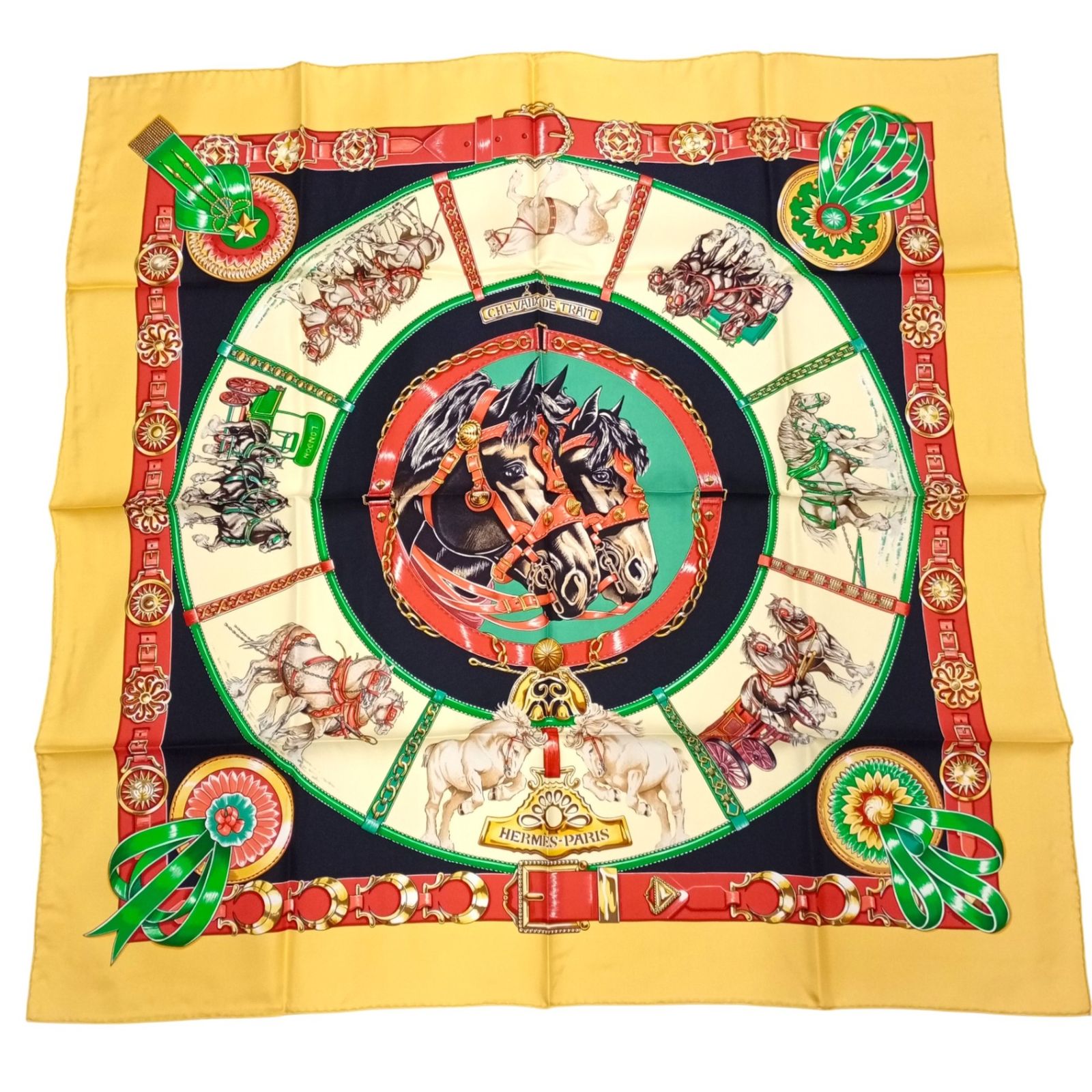 HERMES エルメス CHEVAUX DE TRAIT 輓馬 スカーフ シルク カレ90 ベージュ系 JA-26261