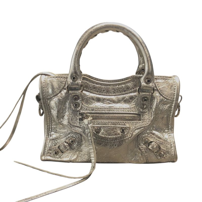 バレンシアガ ル シティ ナノ 819671 メタリックシルバー レザー レディース ハンドバッグ