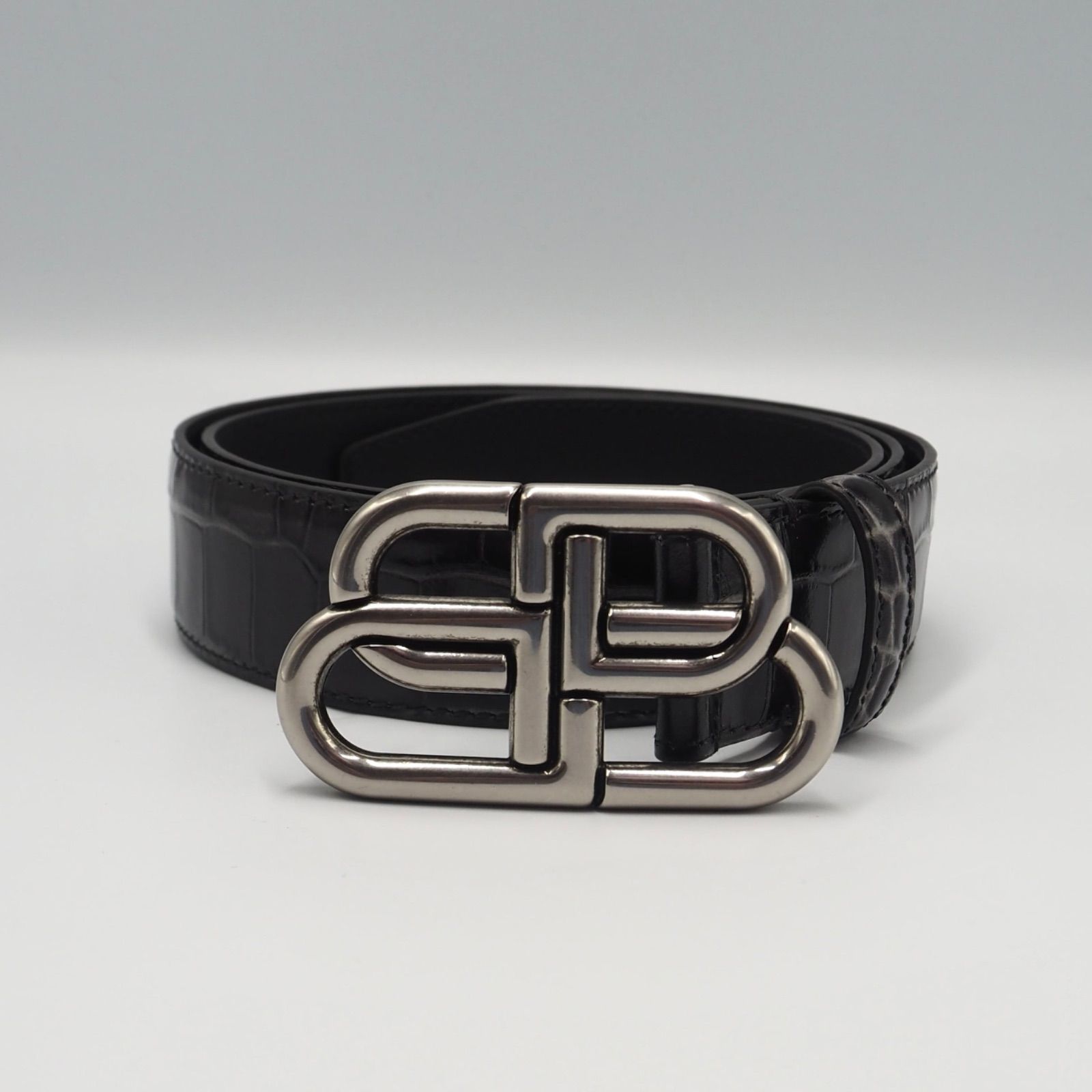 美品　バレンシアガ  ベルト BBロゴ 本革　クロコ　型押し　レザー 黒 現行品】BALENCIAGA BBロゴ クロコエンボスレザー ベルト レザー