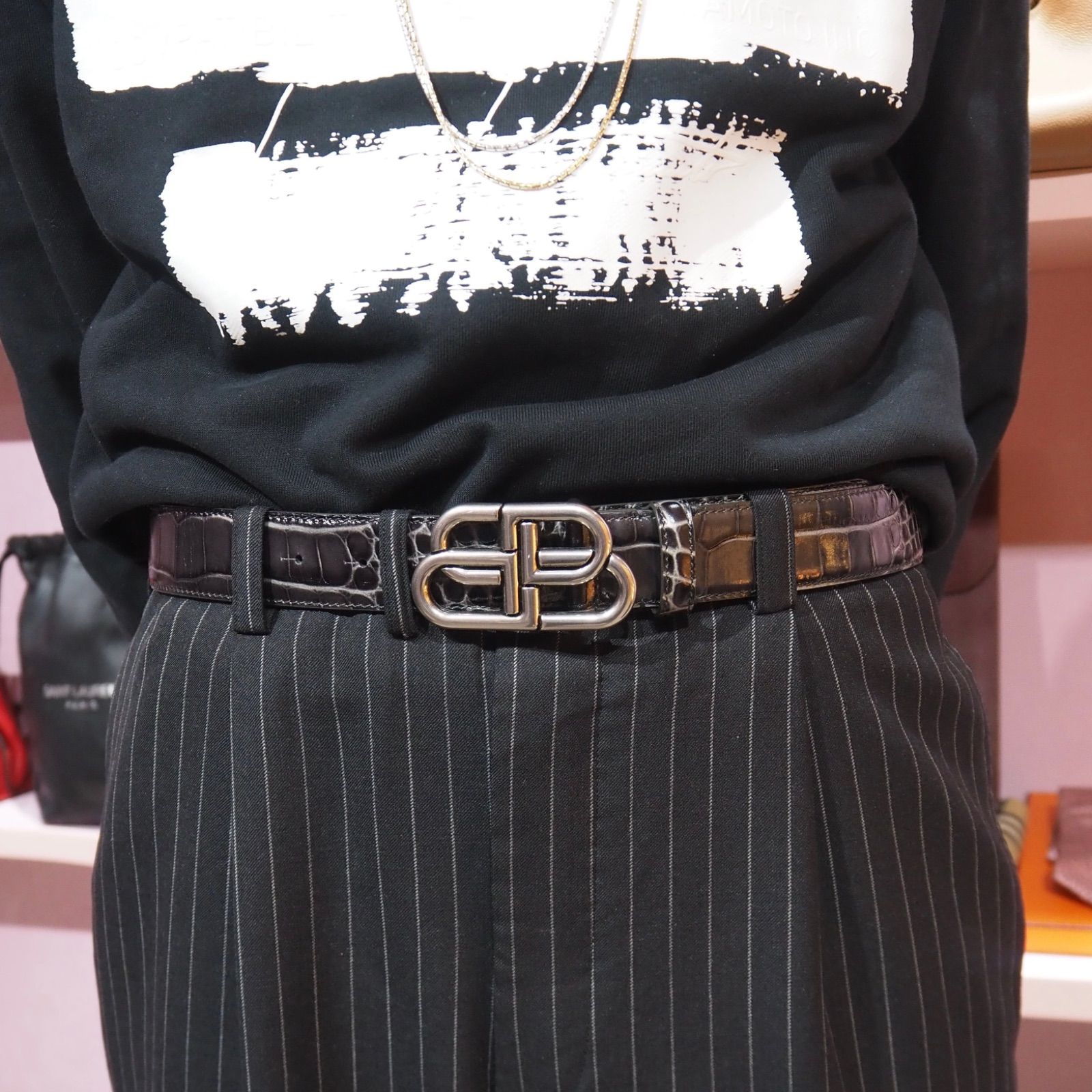 現行品】BALENCIAGA BBロゴ クロコエンボスレザー ベルト レザー