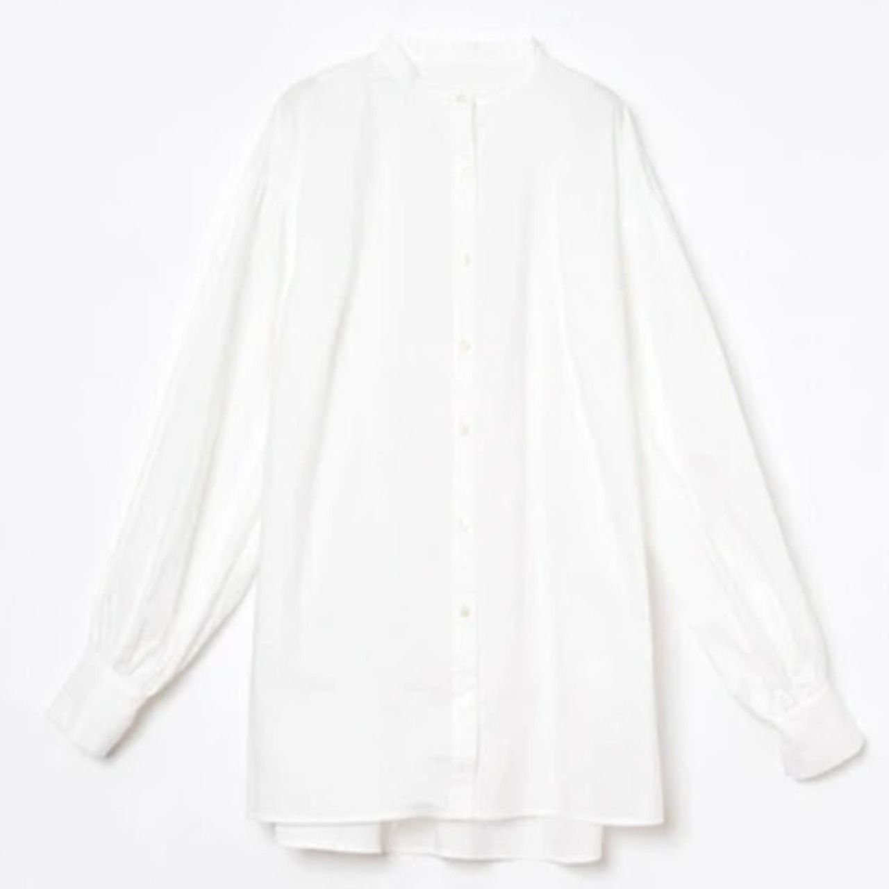 akane ブラウス レディース 白 ノーカラー 襟 おしゃれ オフィス 50代 60代 フォーマル 長袖 シャツ ボリューム袖 バンドカラー 綿 コットン オフホワイト