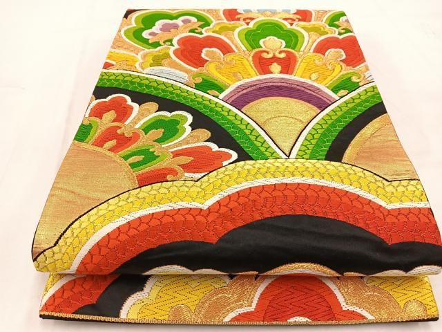 平和屋着物◎六通柄袋帯 唐織 花青海波 黒地 金糸 正絹 逸品