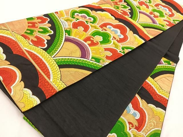 平和屋着物◎六通柄袋帯 唐織 花青海波 黒地 金糸 正絹 逸品