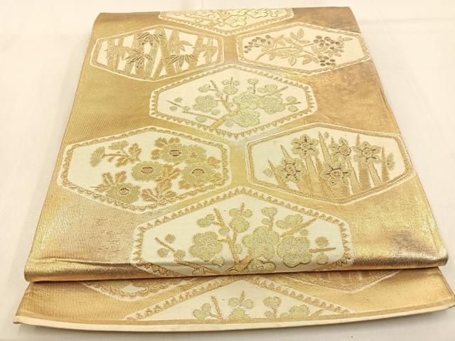 平和屋着物◎六通柄袋帯 亀甲草花文 金銀糸 正絹 逸品 BAAW0773hj