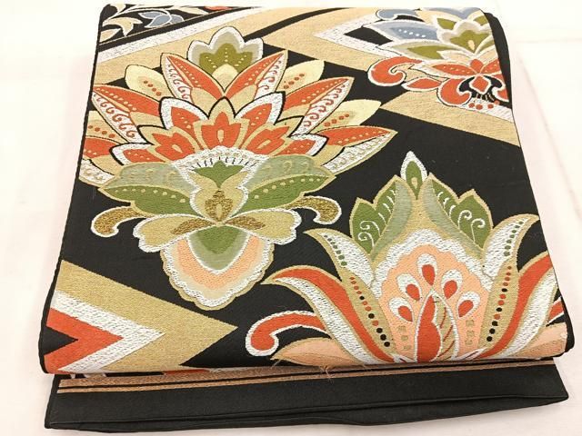 平和屋着物◎六通柄袋帯 更紗花文 黒地 金銀糸 正絹 逸品 BAAW1679mz