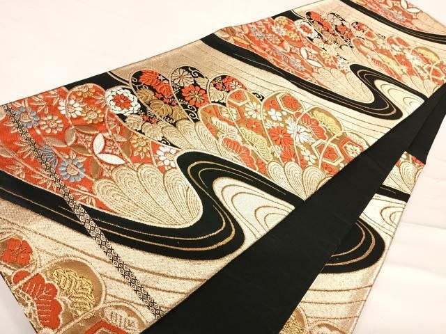 平和屋着物◎六通柄京袋帯 唐織 流水花文 黒地 金糸 正絹 逸品