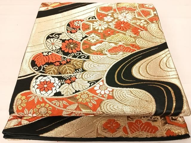 平和屋着物●六通柄袋帯　唐織　菊流水文　金銀糸　正絹　逸品　CAAY9299yk 平和屋着物◎六通柄京袋帯 唐織 流水花文 黒地 金糸 正絹 逸品