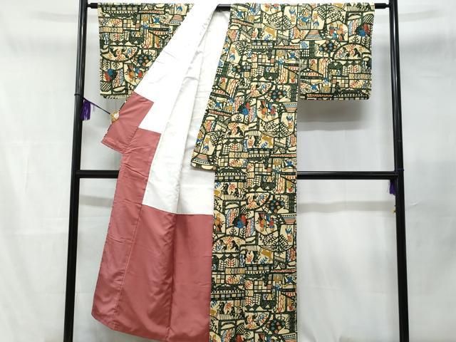 平和屋着物□上質な小紋 型染め 動物人物文 正絹 逸品 未使用