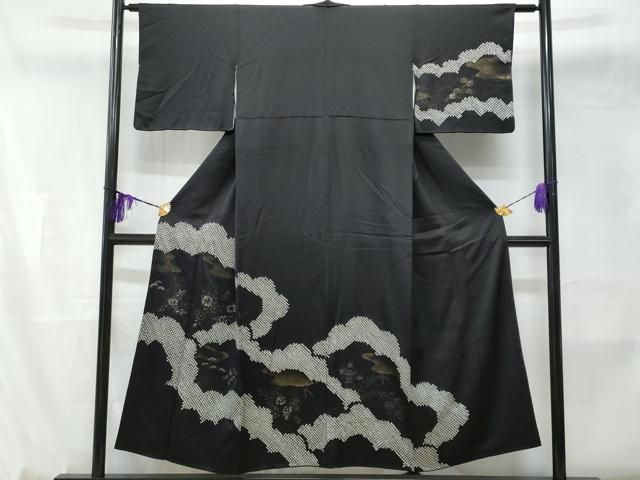 平和屋着物□訪問着 手描き 絞り 草花文 黒地 金彩 正絹 逸品