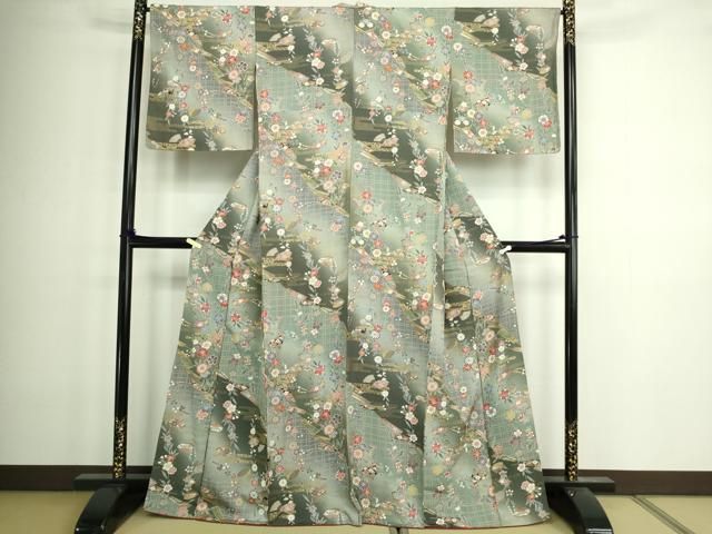 平和屋着物□上質な小紋 扇面草花文 暈し染め 金彩 正絹 逸品