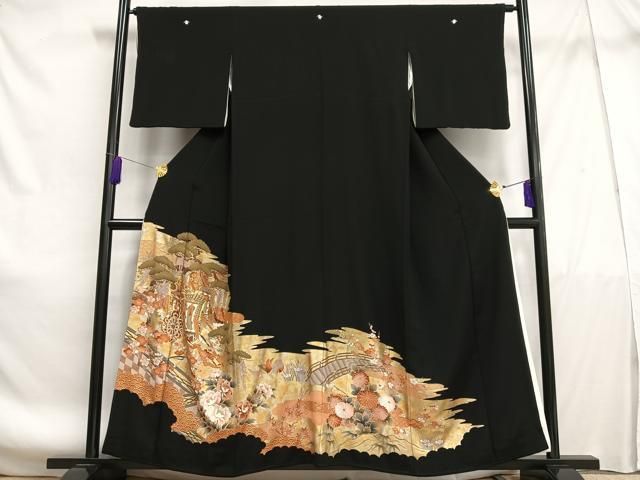 平和屋着物□豪華黒留袖 駒刺繍 御所車花文 金銀彩 正絹 逸品