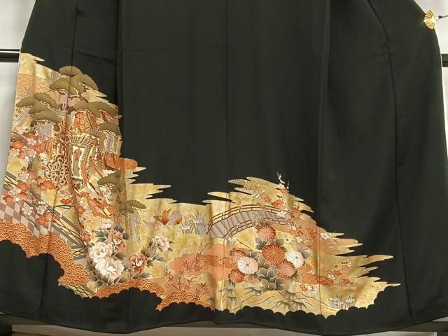 平和屋着物□豪華黒留袖 駒刺繍 御所車花文 金銀彩 正絹 逸品