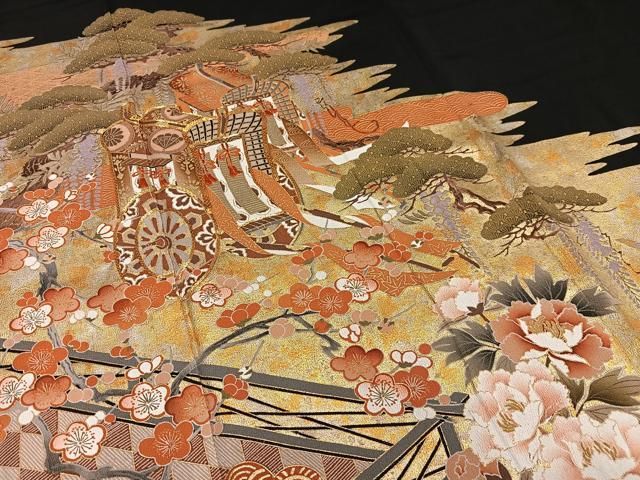 平和屋着物□豪華黒留袖 駒刺繍 御所車花文 金銀彩 正絹 逸品