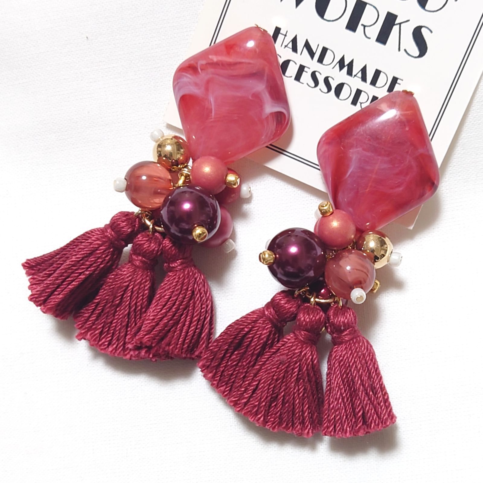 A226】タッセル ピアス ボルドー ワインレッド 大ぶり【イヤリングへ