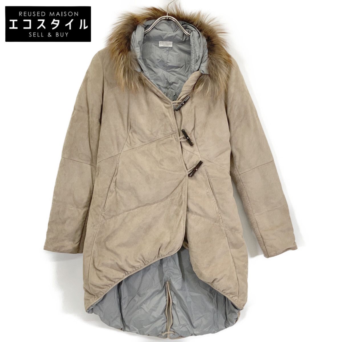 BRUNELLO CUCINELLI ブルネロクチネリ ﾍﾞｰｼﾞｭ ｽｴｰﾄﾞ ｶｼﾐﾔ ﾌｧｰ付き ｺｰﾄ