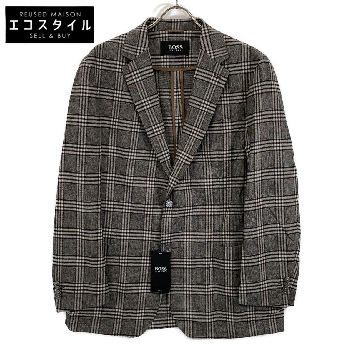 HUGO BOSS ヒューゴボス ｸﾞﾚｰ ｳｰﾙ混 ﾁｪｯｸ ﾃｰﾗｰﾄﾞｼﾞｬｹｯﾄ 54