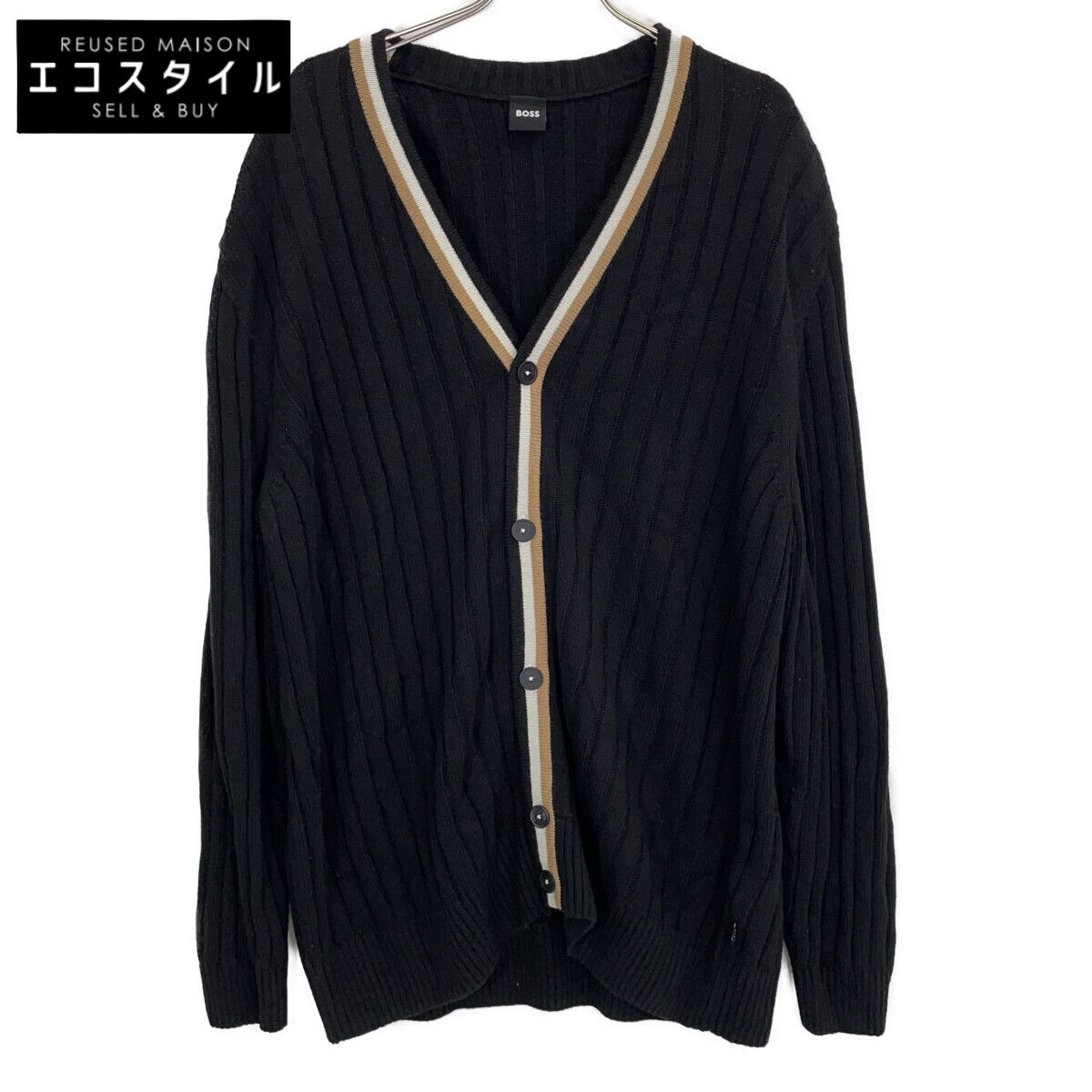 BOSS ボス ﾌﾞﾗｯｸ ｶｼﾐﾔｳｰﾙ混 ｼｸﾞﾈﾁｬｰｽﾄﾗｲﾌﾟ ﾘﾗｯｸｽﾌｨｯﾄ ｶｰﾃﾞｨｶﾞﾝ XXL