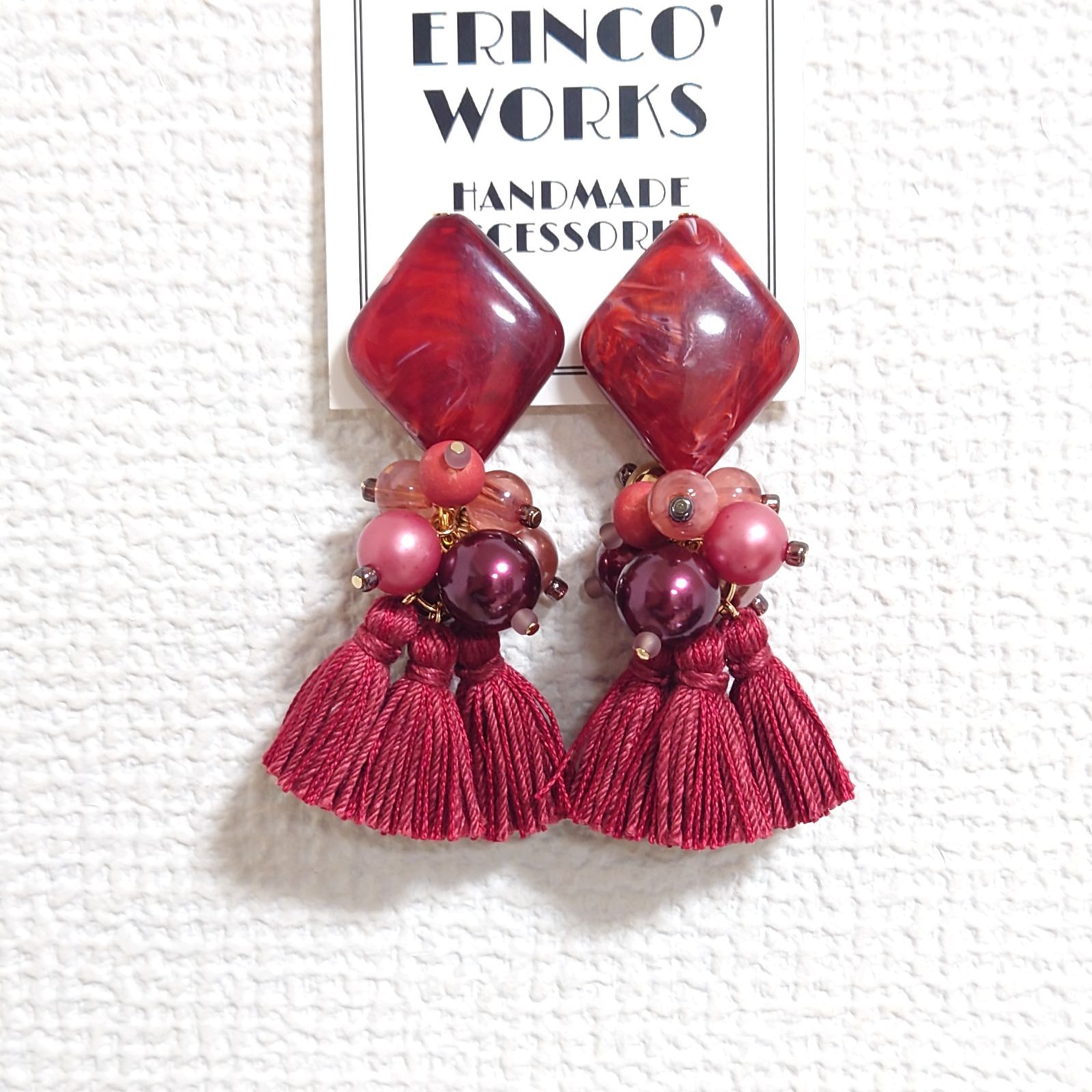 A433】タッセル ピアス ボルドー ワインレッド 大ぶり【イヤリングへ