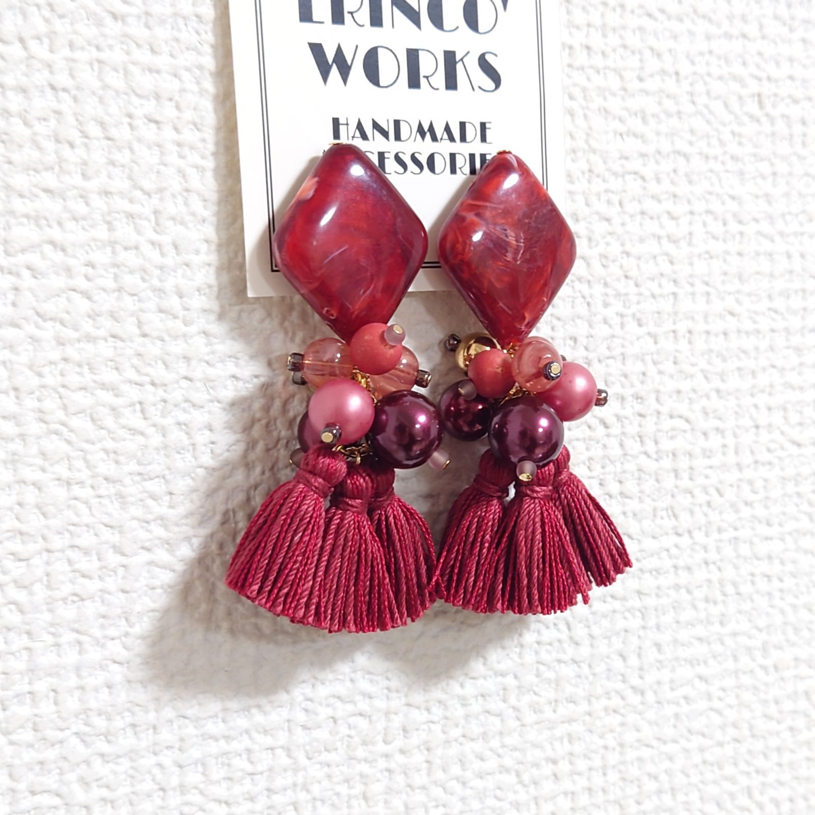 A433】タッセル ピアス ボルドー ワインレッド 大ぶり【イヤリングへ
