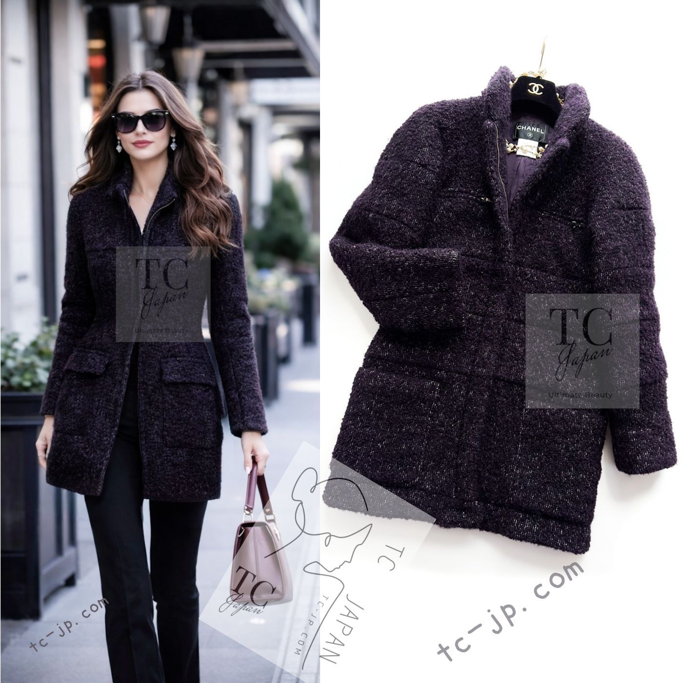 シャネル コート CHANEL ボルドーワイン ダークパープル アルパカ コットン ジッパー 中綿 あったか カール ラガーフェルド 超 36