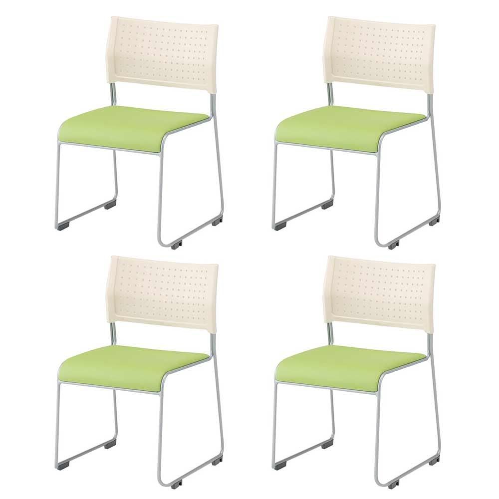 休憩室 会議 オフィスチェア 業務椅子 会議チェア 会議椅子 スタッキングチェア LTS-110 V 積み重ね ライタス ホワイト×グリーン ミーティングチェア 座|レザー アイリスチトセ 4脚セット 背|樹脂