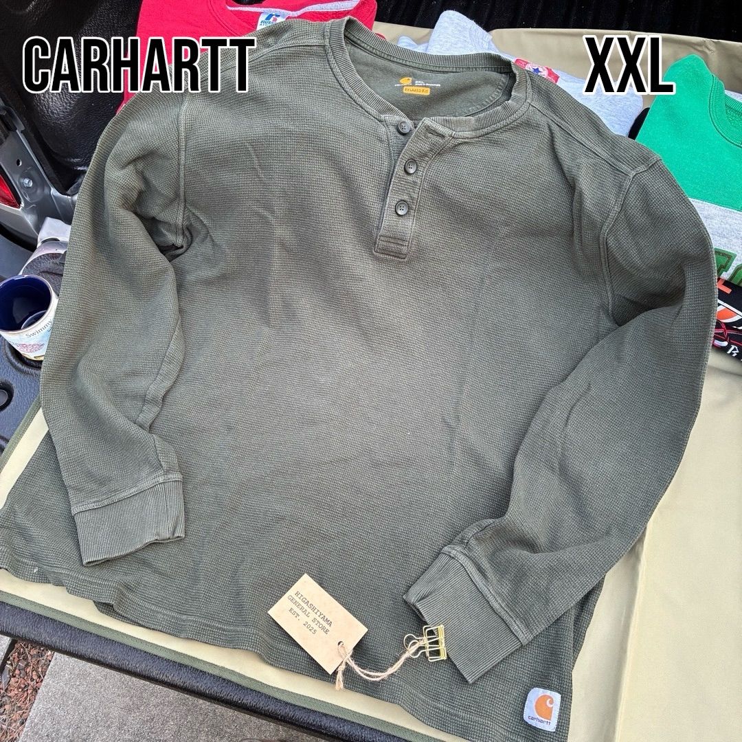 Carhartt サーマル ヘンリーネック ロンT 緑 2 XL ビッグシルエット ペンキ