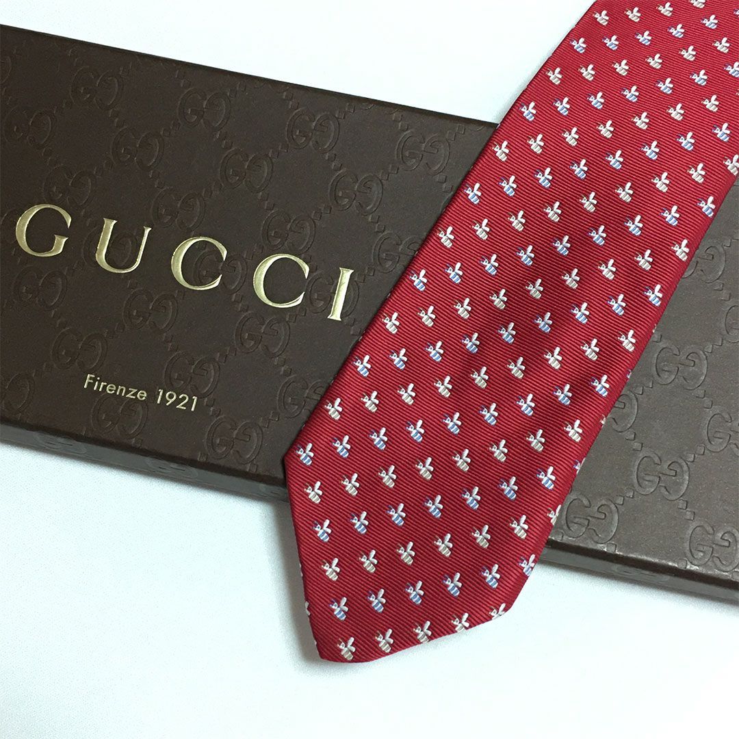 未使用級 グッチ GUCCI ネクタイ シルク100% レッド ハチ柄 2512-6