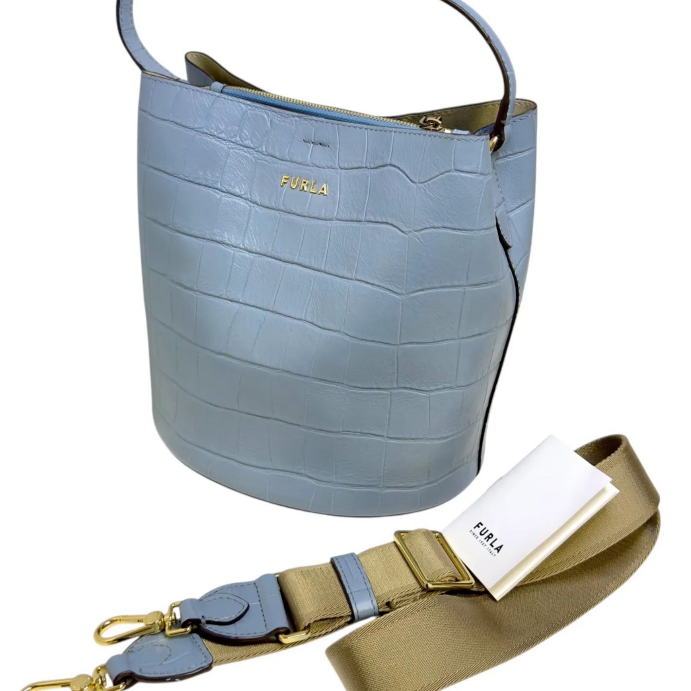 FURLA フルラ ダナエ クロコ型押し 2 way バケツ型 ショルダーバッグ ハンドバッグ 斜め掛け 肘掛け レザー 自立式 水色系 ブルー系