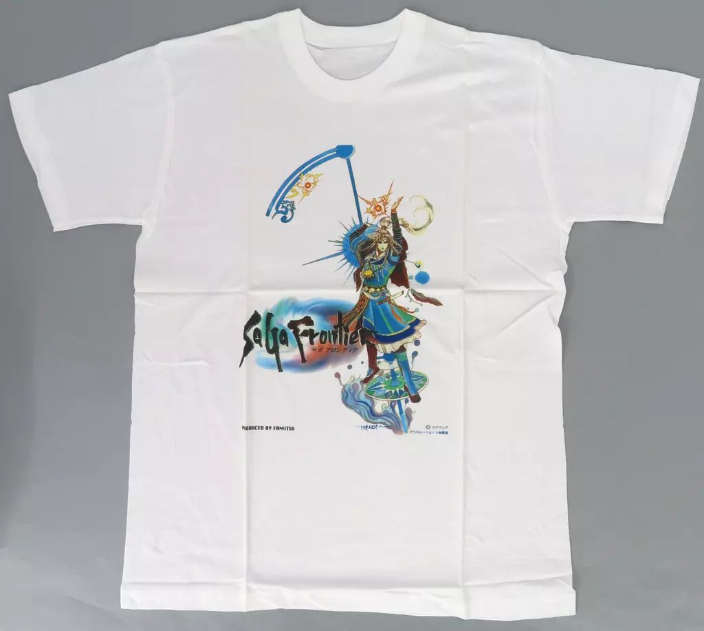 サガ フロンティアTシャツLサイズ未使用品 ファミ通一族の陰謀 中古】Tシャツ ブルー Tシャツ ホワイト Lサイズ 「サガ フロンティア