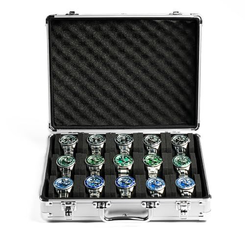 15スロット腕時計オーガナイザーケース シルバーアルミニウム時計収納ボックス ハードウォッチトラベルボックス 時計のディスプレイと整理用のパッド入りケース